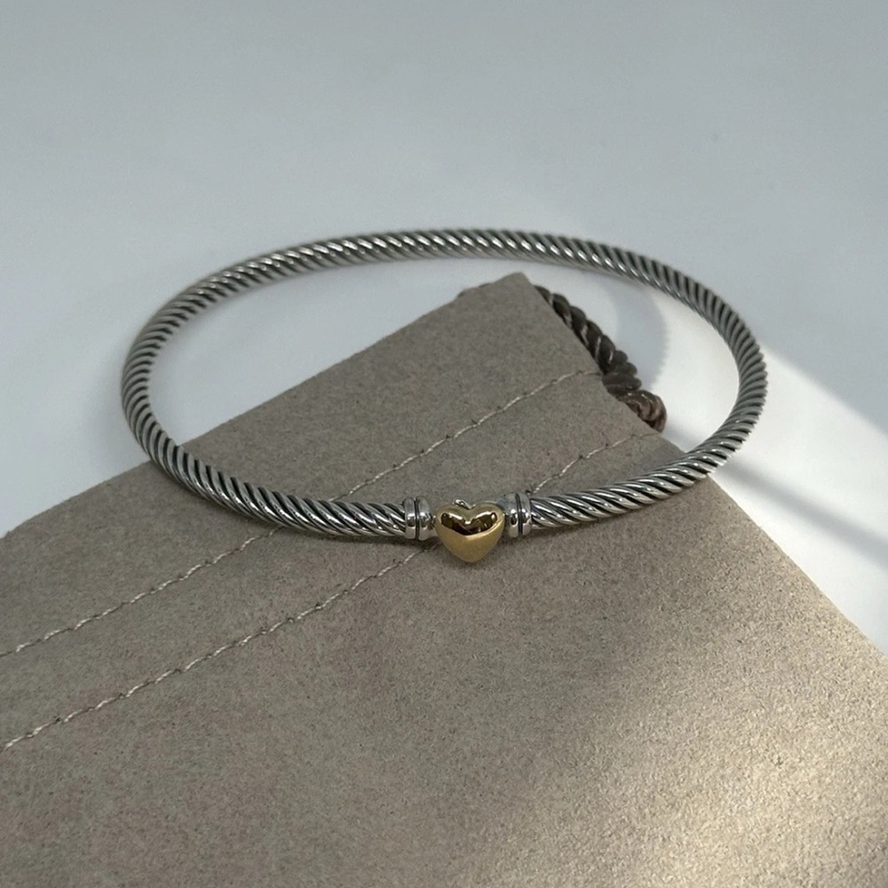David Yurman Silver Bracelet with 14k Gold Heart sz medium 3mm